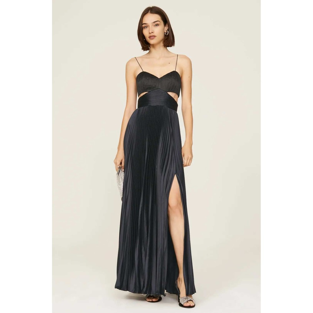 AMUR Elodie Satin Colorblock Pleated Gown Cutout Navy Blue Grey Size 10
